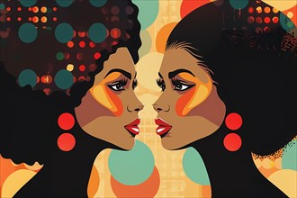 Abstract art portrait of two women face to face with vibrant colors and symmetrical patterns,