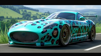 Colorful polka-dotted sports car racing through vibrant green hills under a clear sky, AI generated