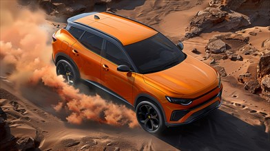 An orange SUV kicking up sand while driving through desert dunes in an adventurous setting, AI