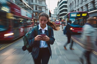 A young woman in a hurry looks at her smartphone on a busy street, symbolic image for accident risk
