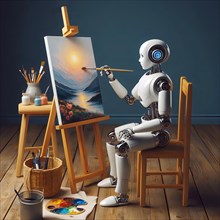 A humanoid robot paints a landscape with brush and paint, symbolic image cybernetics, robotics,