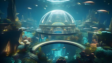 Concept of futuristic underwater city showcasing dome shaped habitats, AI generated