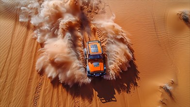 Top aerial view of an orange car driving through desert dunes, leaving tracks in the sand, action