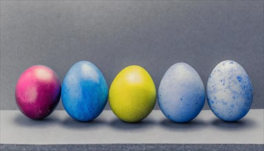 A series of brightly coloured Easter eggs with colour gradient, Easter symbol, AI generated, AI