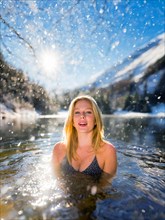 A young pretty woman bathes in an ice-cold lake in snowfall, AI generated, AI generated