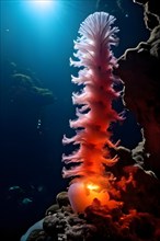 Hydrothermal vent chimney encircled by tube worms in deep ocean habitat, AI generated
