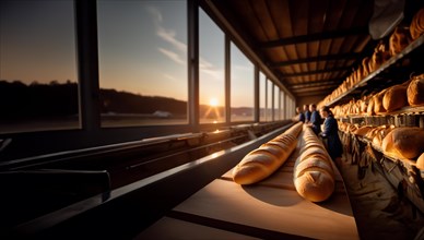 Bread production on a conveyor belt, revenue from organic bread at the factory, AI generated