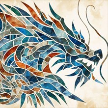 Fierce abstract mosaic of a dragon with geometric designs in cool and warm tones, square aspect, AI