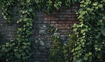 Aged brick wall partially covered by a dense growth of green ivy leaves AI generated