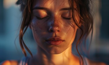 A woman with eyes closed and a serene expression in warm dusk light AI generated
