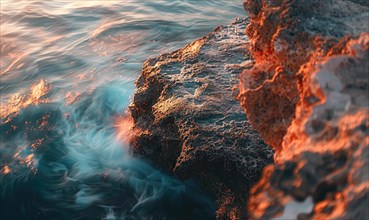 Sunlight sparkles on waves crashing against a vibrant, rocky coastline AI generated