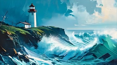 Breaking wave painting with lighthouse, AI generated