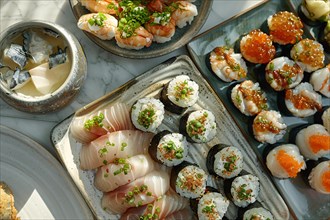 Assorted sushi platters with varied maki and nigiri selections, AI generated