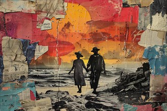 Collage of a silhouette of a couple walking on the beach at sunset in an abstract style,