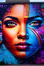 Urban wall mural diverse faces symbols of peace and equality with vibrant eye catching colors, AI