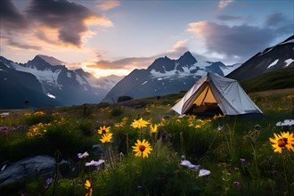 Alpine meadow campsite with wildflowers in full bloom, AI generated