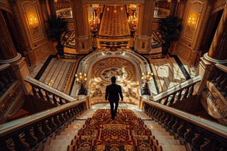 A man descending a grand, ornate staircase in a lavish setting, AI generated