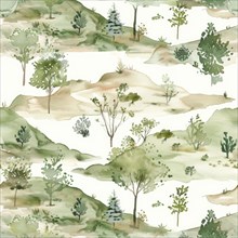 Landscape watercolor pattern with serene scenery and soft tones, abstract nature background,