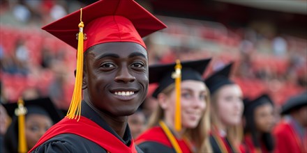 Young man celebrating graduation in a red gown and academic cap, AI generated