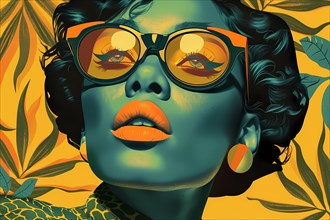 Artistic illustration of a stylized woman with sunglasses amidst tropical foliage, illustration, AI