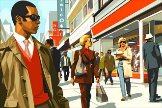Dynamic city scene with people walking, fashionably dressed, in a sunny urban setting,