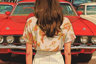 A woman seen from behind, reflecting on a shiny red vintage car, illustration, AI generated