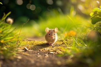 Cute mouse with large ears, exploring the vibrant green grass on a sunny day, AI generated