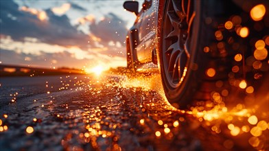 Close up of a car's wheels on wet asphalt with sunset light causing sparkles and bokeh, low ultra