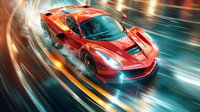 Red sports italian hyper car speeding through a city street with motion blur, turning on a double