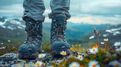 Robust hiking boots traverse rough mountain terrain, surrounded by small flowers under a moody sky,