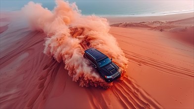 An SUV kicking up a cloud of sand while driving swiftly through a desert, ai generated, AI