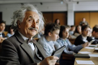 A man of advanced age, of the Albert Einstein type, senior citizen, sits next to young students