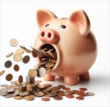 A piggy bank spits out coins with a flourish. Symbol photo saving, saver, money, finance, monetary
