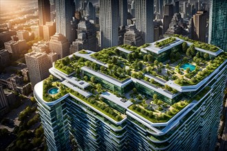 Conceptual futuristic sustainable city replete with green rooftops, AI generated