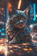 A cat covered in reflective material sits on a wet surface with bokeh lights around, ray tracing 3d