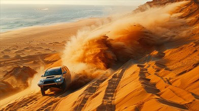 A speeding car creates a large dust cloud as it races across sand dunes, action sports photography,