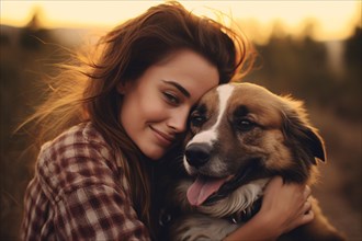 Young woman hugging her pet dog. KI generiert, generiert, AI generated