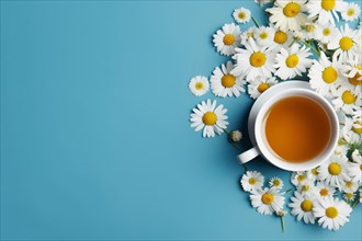 Top view of cup of chamomile tea on blue background with copy sapce. KI generiert, generiert, AI