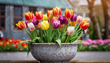 Many colourful tulips blooming in a flower pot, spring, AI generated, AI generated