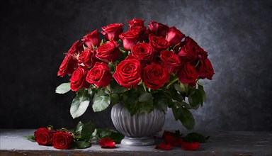 A large bouquet of red roses in a vase, stands on the table in the flat, AI generated, AI generated