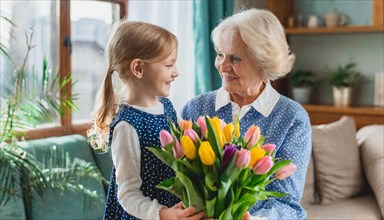 Happy smile between grandmother and granddaughter holding spring flowers, AI generated, AI