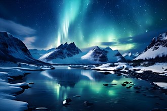 Northern lights reflecting on a serene fjords ice astral glow doubled in the glassy water, AI