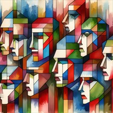Artwork of multiple colorful abstract geometric faces in cubism style, square aspect, AI generated