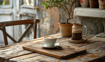 A cup of coffee with latte art on a rustic wooden table next to a ceramic pot and plant AI