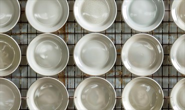 Overhead view of symmetrically arranged white plates on a clean kitchen rack AI generated