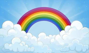 A bright and cheerful rainbow arching across a sunny sky among fluffy clouds v, AI generated