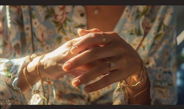Close-up of elegant hands clasped together with jewelry, lit by warm light causing soft shadows AI