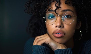 Thoughtful woman with glasses and curly hair against a dark background in a reflective pose AI