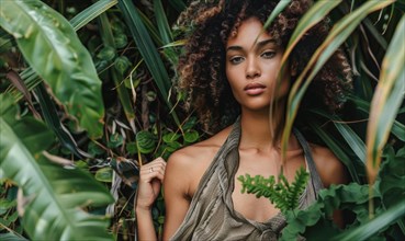 A woman with an exotic look posing confidently surrounded by dense green plants AI generated