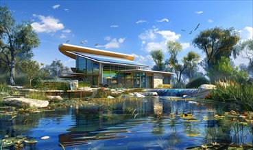 Futuristic house with extensive solar panels by a pond with clear sky above AI generated